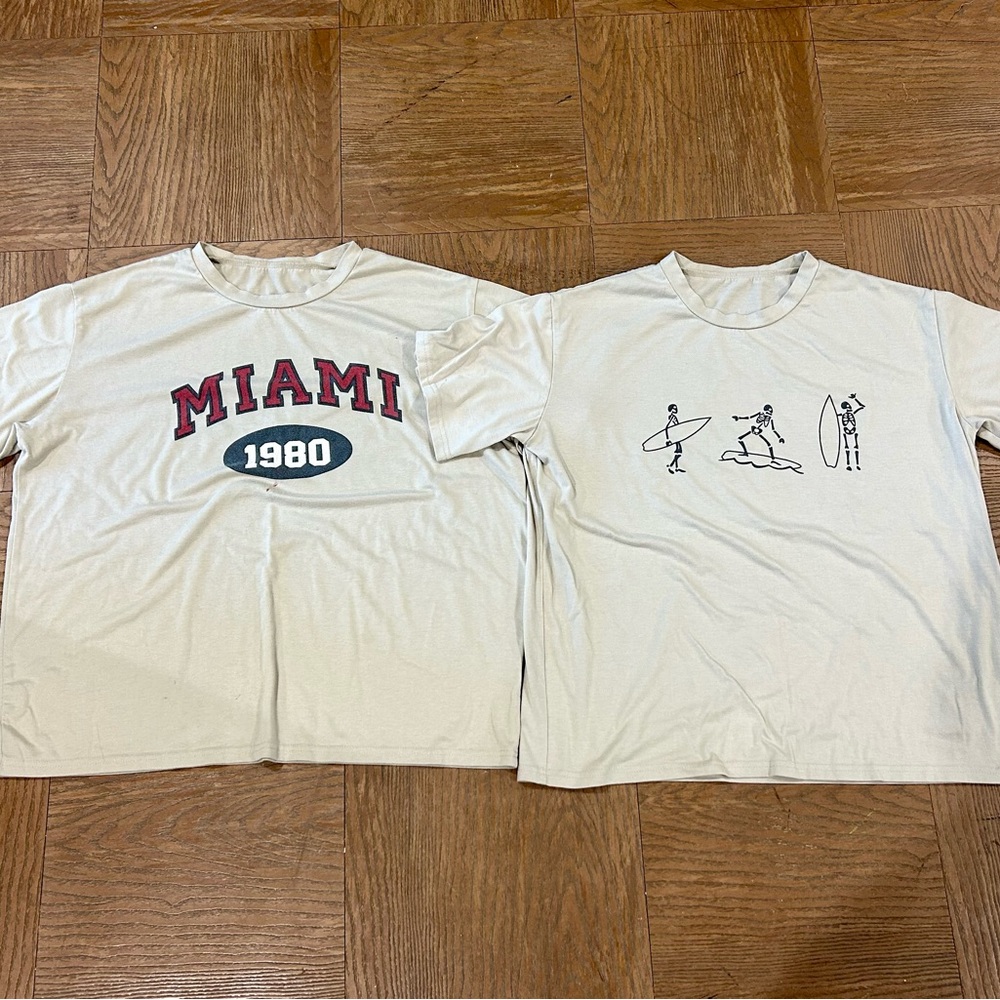 2 Pack Miami 1980 Flattering Perfect Oversized Beige Graphic T-Shirts